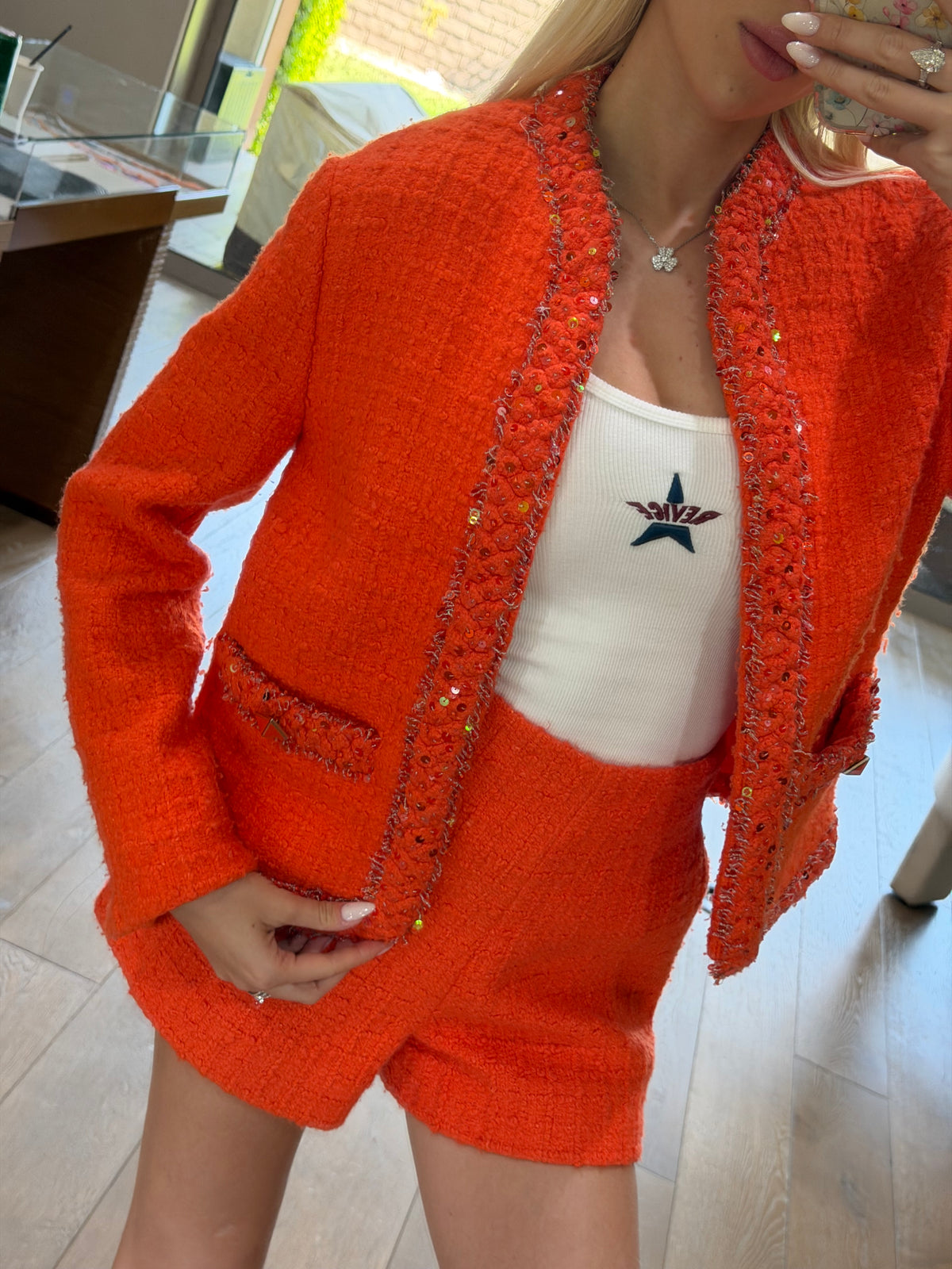 Valentino Orange Sequin Tweed Jacket & Shorts Set