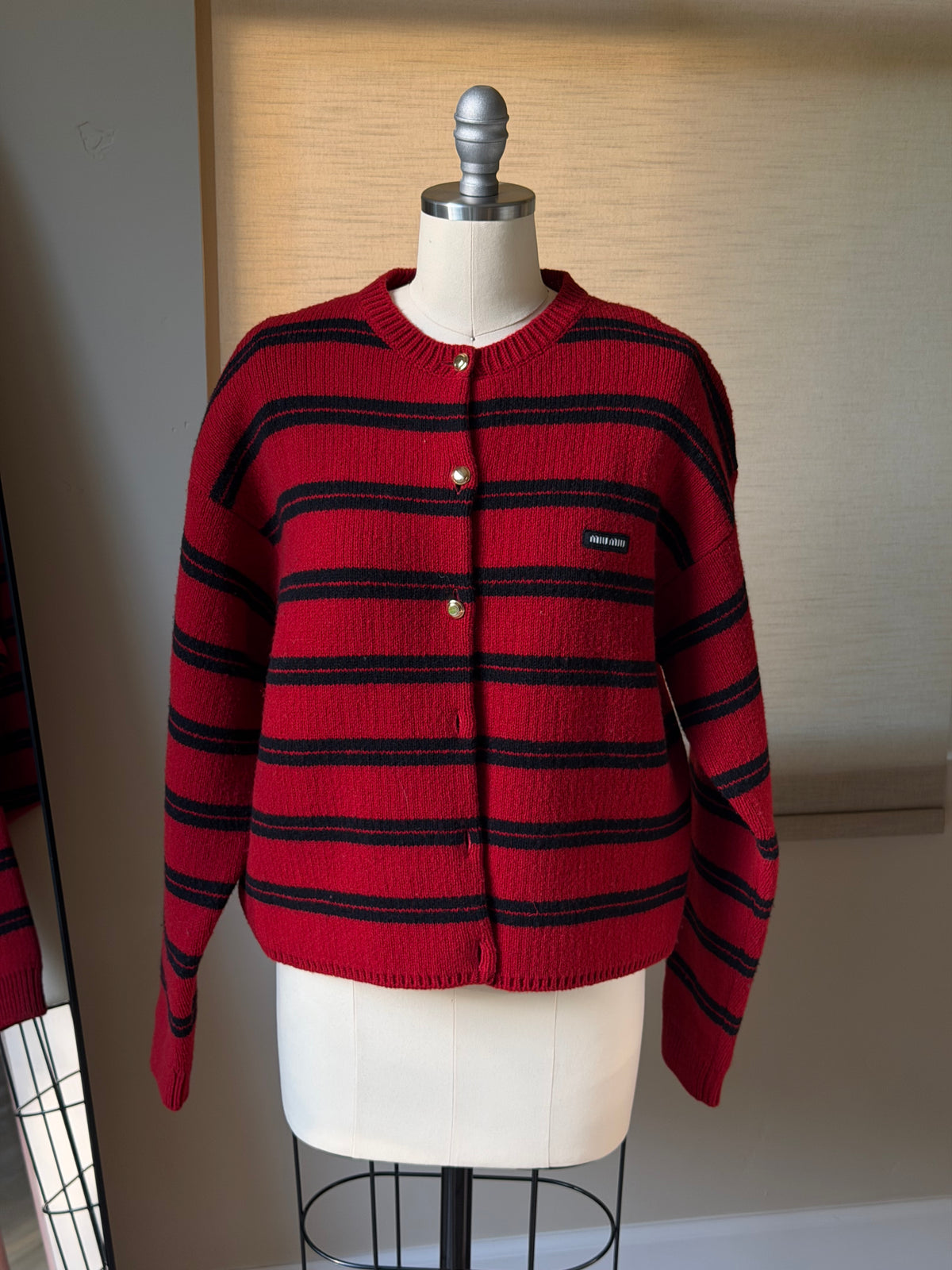 Miu Miu FW24 Red & Black Striped Gold-Button Cardigan