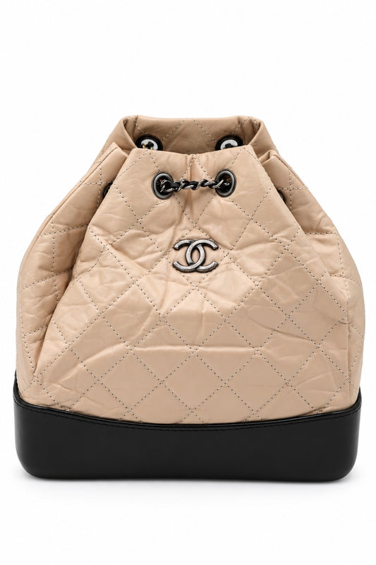 Chanel Quilted Leather Gabrielle Backpack Beige Black SHW