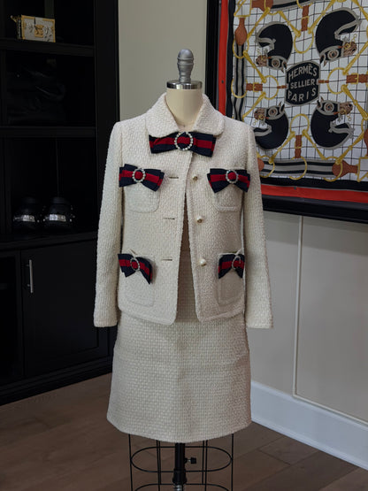 Gucci Ivory Bow Crystal Tweed Skirt Set