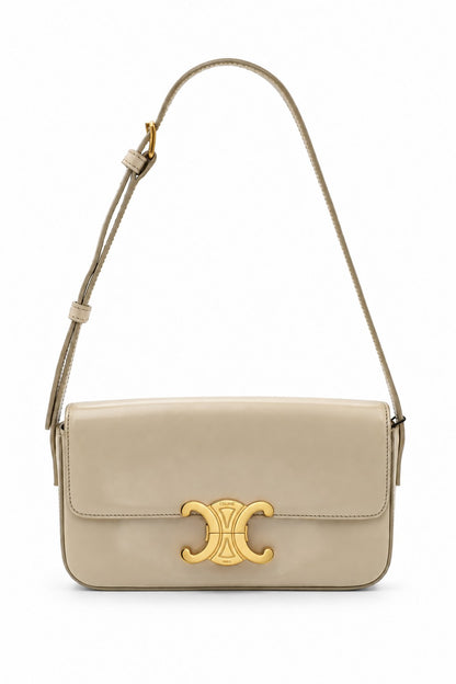 Celine Shiny Calfskin Medium Triomphe Shoulder Bag Beige GHW