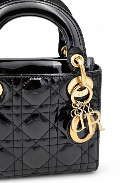 Dior Cannage Patent Leather Mini Lady Dior Bag Black GHW