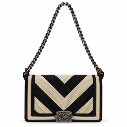 Chanel Black and Ivory Chevron Boy Flap Bag