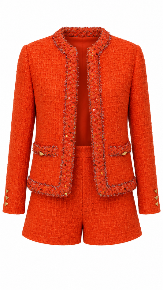 Valentino Orange Sequin Tweed Jacket & Shorts Set