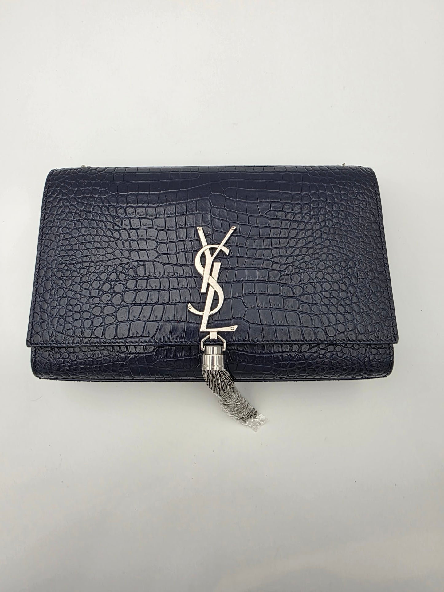 SAINT LAURENT Crocodile Embossed Calfskin Medium Kate Tassel Shoulder Bag Dark Blue SHW