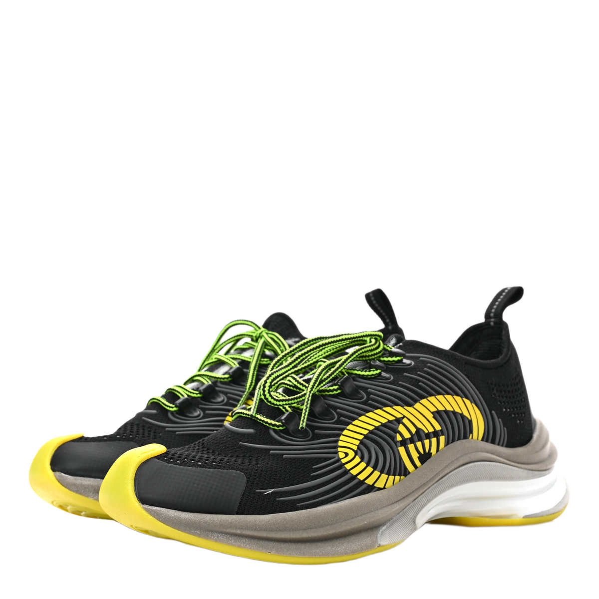 Gucci Technical Knit Fabric Waves Mens Gucci Run Sneakers 6.5 Black Silver Giallo Neon Yellow