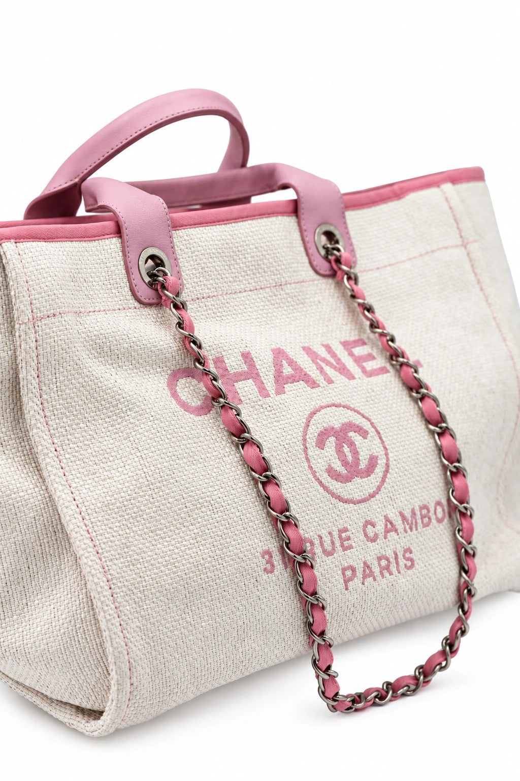 Chanel Canvas Deauville Tote Beige Pink SHW