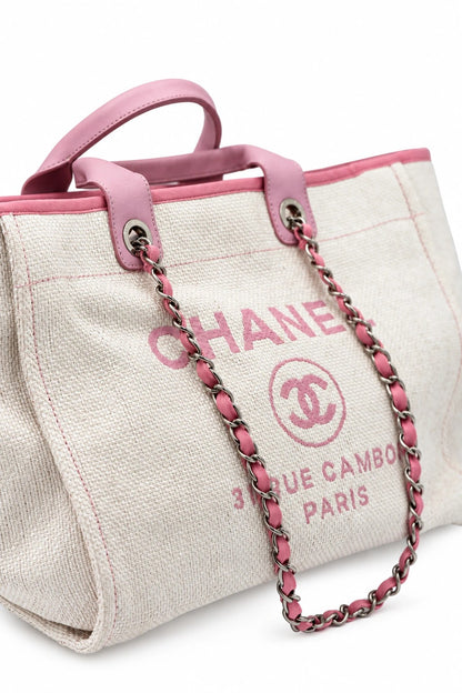 Chanel Canvas Deauville Tote Beige Pink SHW