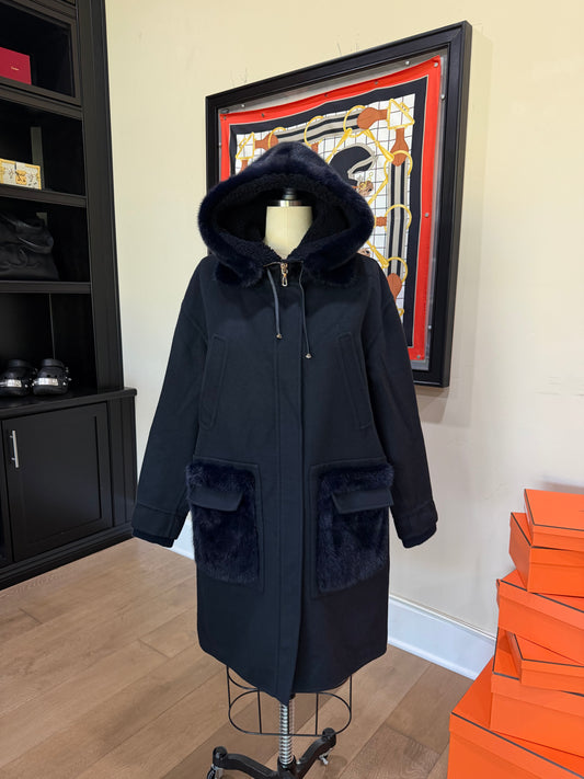Valentino Midnight Blue Mink Pocket Hooded Coat