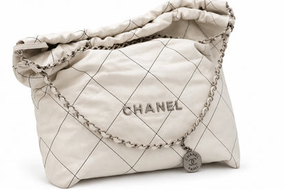 Chanel Quilted Fabric Logo Drawstring Chain Tote White