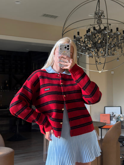 Miu Miu FW24 Red & Black Striped Gold-Button Cardigan