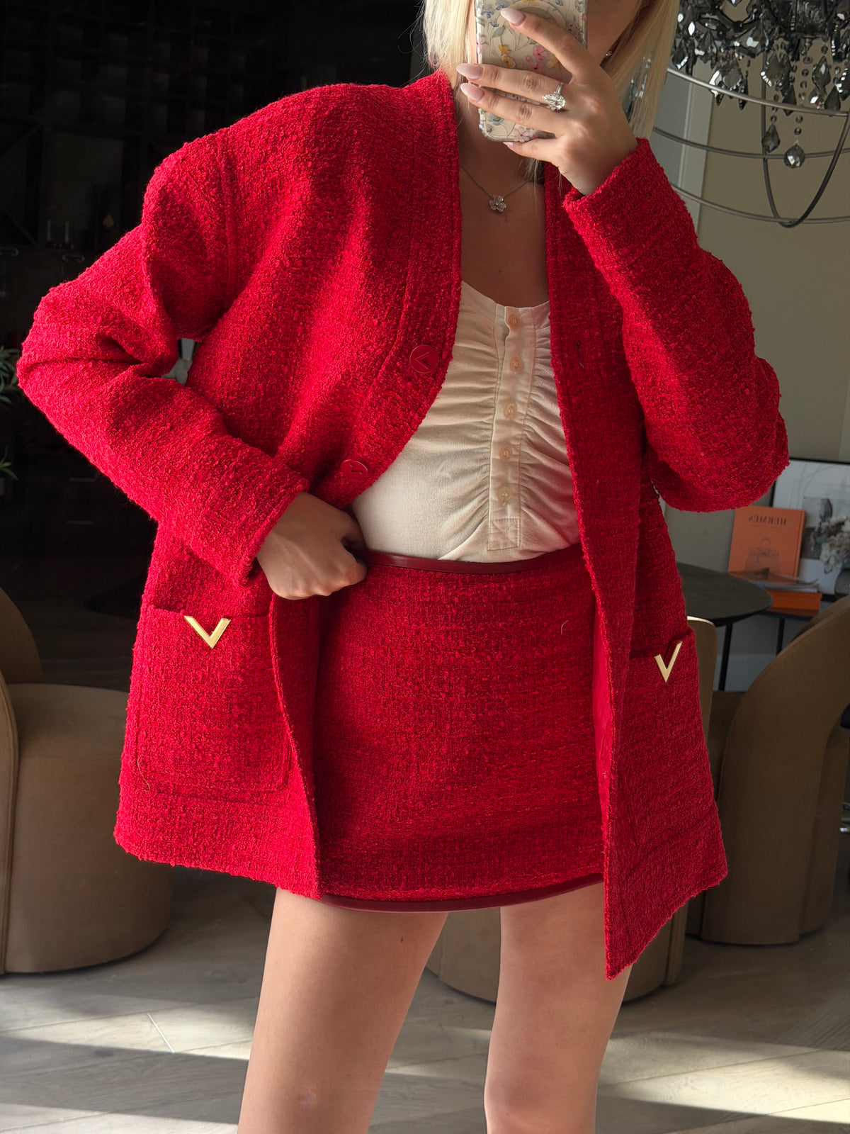 Valentino SS24 Chinese New Year Rosso Tweed Jacket, Skirt & Shorts Set