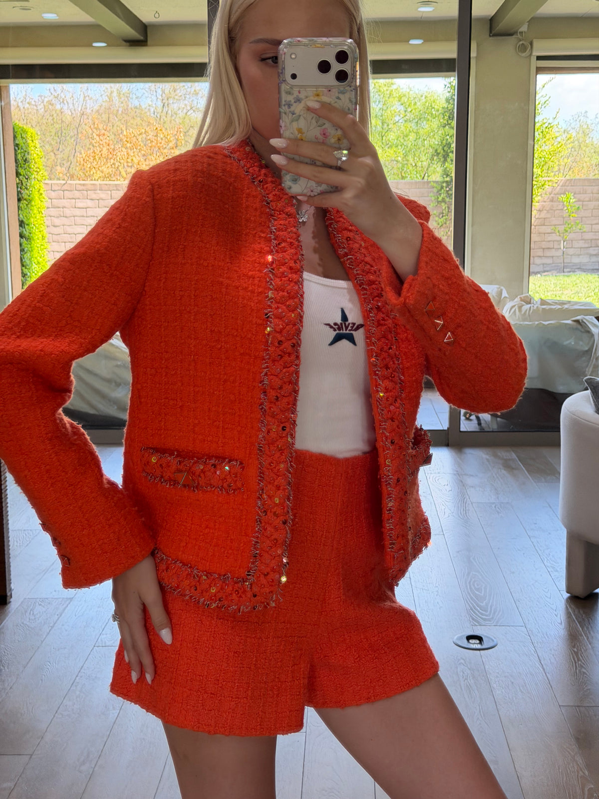 Valentino Orange Sequin Tweed Jacket & Shorts Set