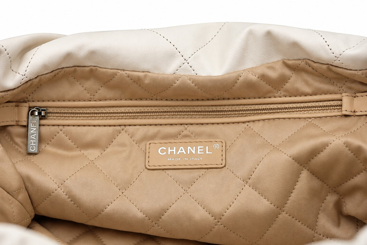 Chanel Quilted Fabric Logo Charm Chain Tote White SHW