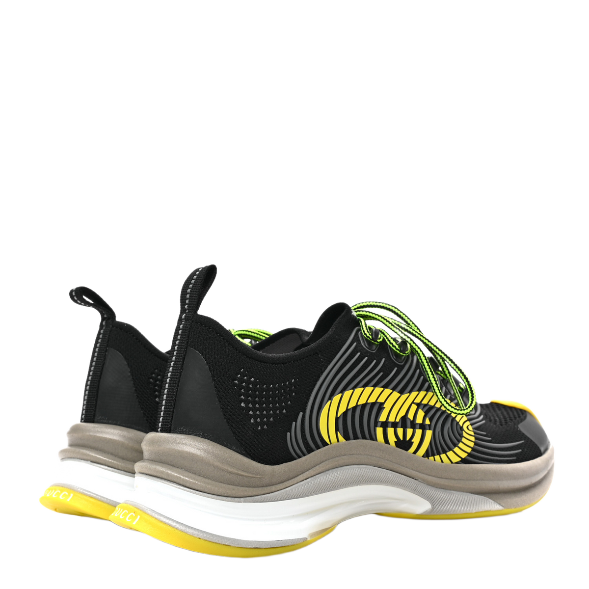 Gucci Technical Knit Fabric Waves Mens Gucci Run Sneakers 6.5 Black Silver Giallo Neon Yellow