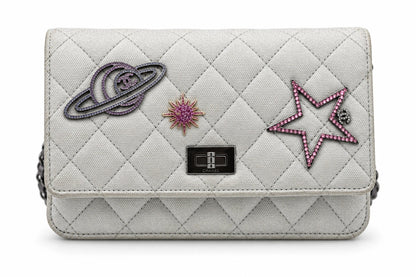 Chanel Quilted Leather Space Motif Wallet on Chain White