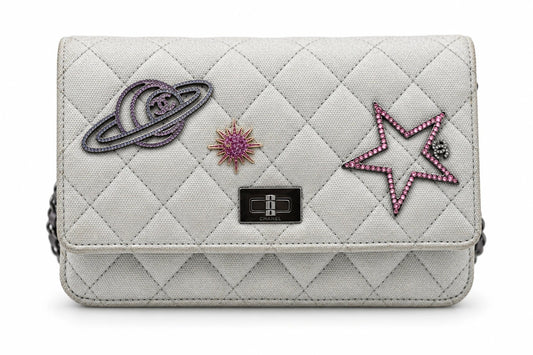 Chanel Quilted Leather Space Motif Wallet on Chain White
