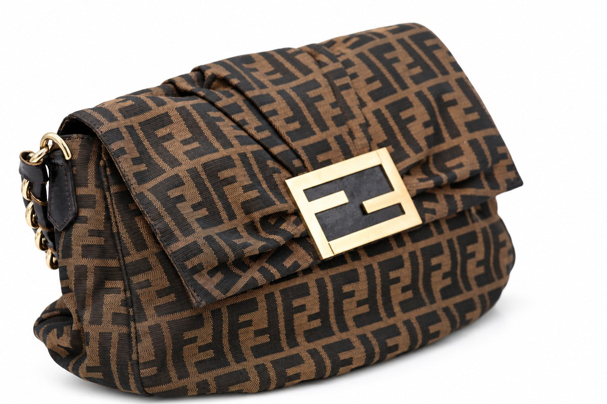 Fendi Tobacco Zucca Canvas and Patent Leather Mia Flap Shoulder Bag