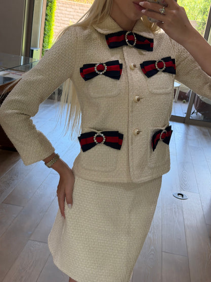 Gucci Ivory Bow Crystal Tweed Skirt Set