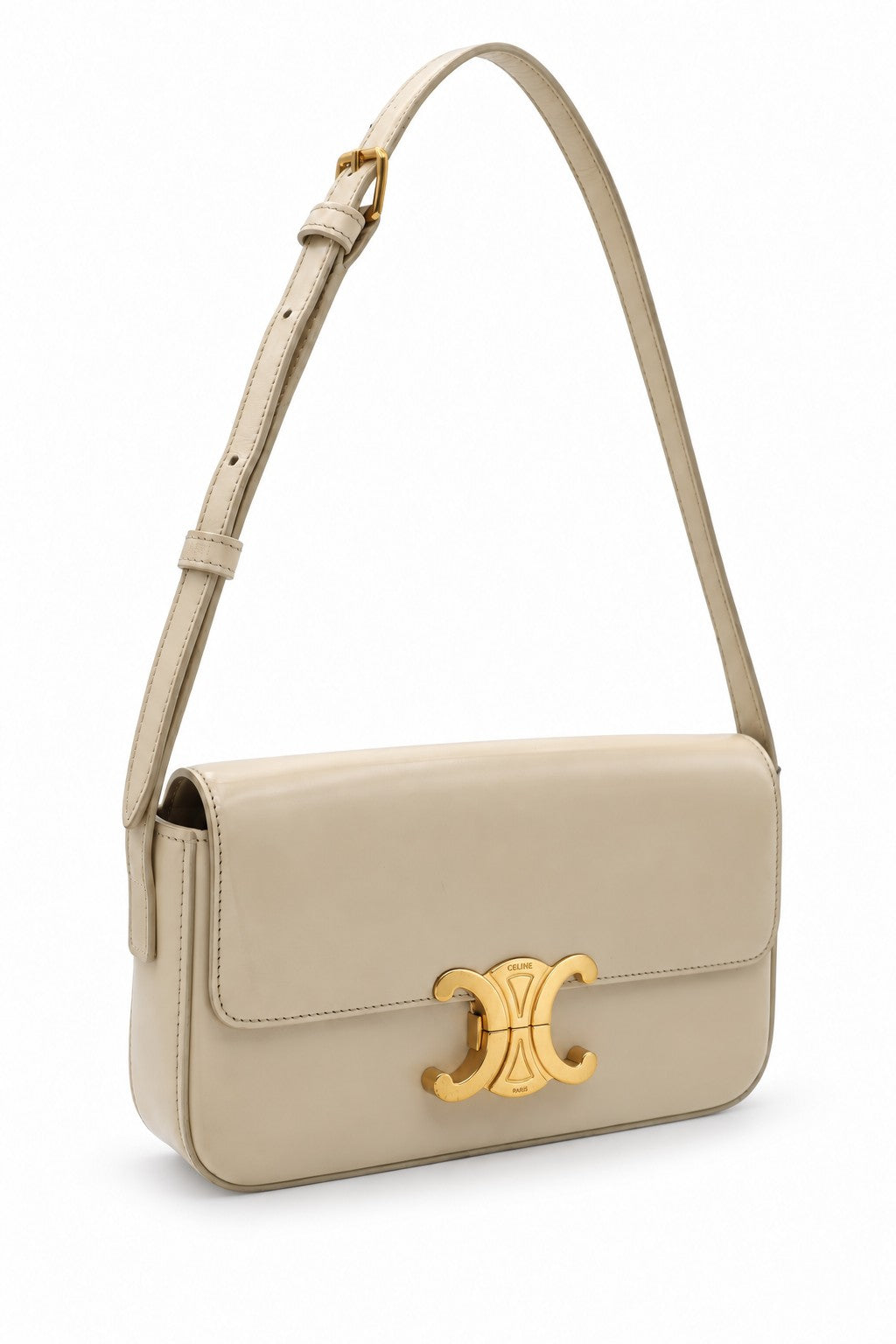 Celine Shiny Calfskin Medium Triomphe Shoulder Bag Beige GHW