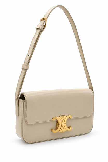 Celine Shiny Calfskin Medium Triomphe Shoulder Bag Beige GHW