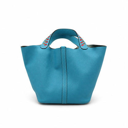 Hermès Leather Tressage de Cuir Picotin Lock 22 Bag Blue SHW