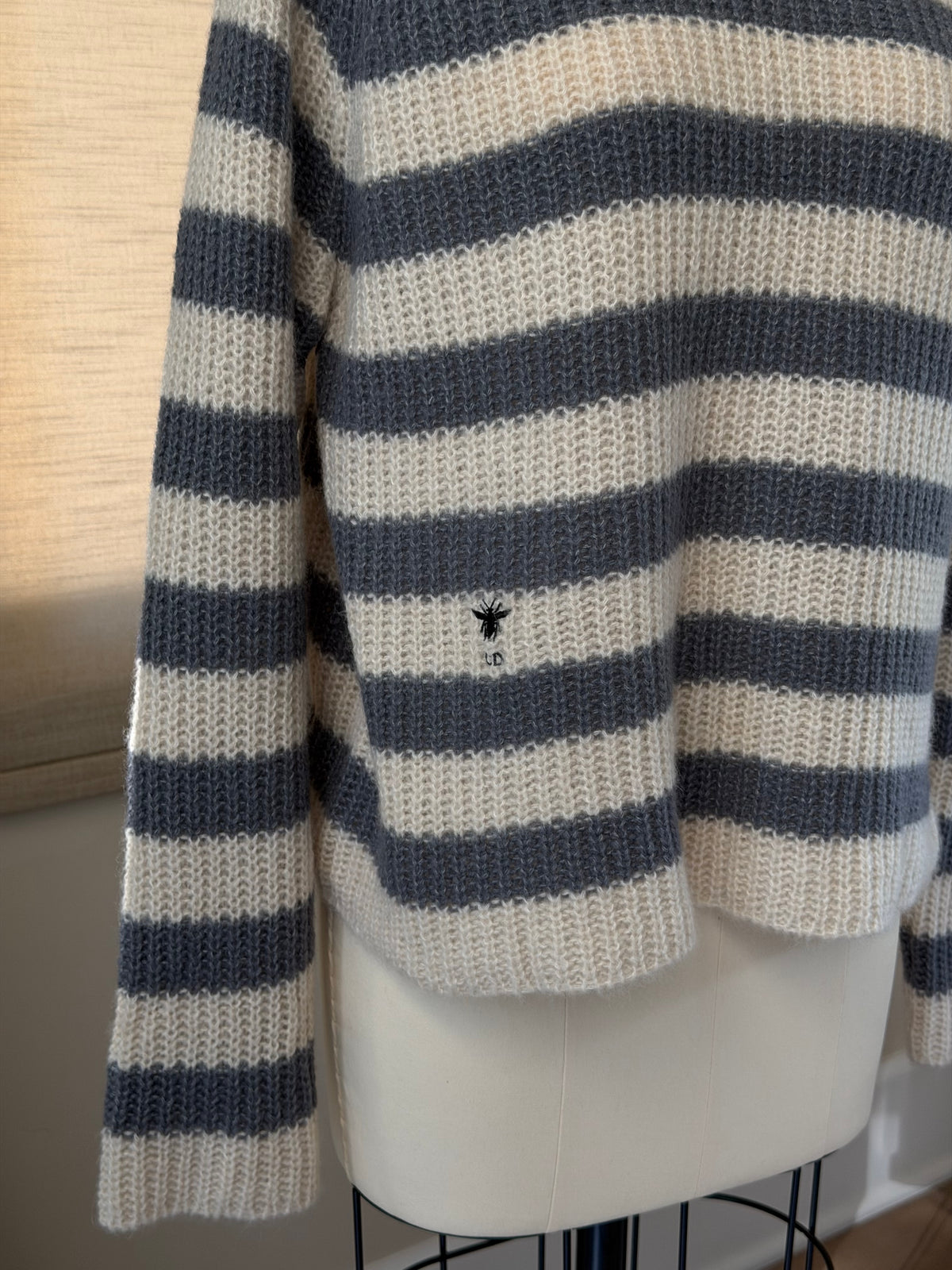 Dior Beige-Gray Striped Bee Embroidered Turtleneck Sweater