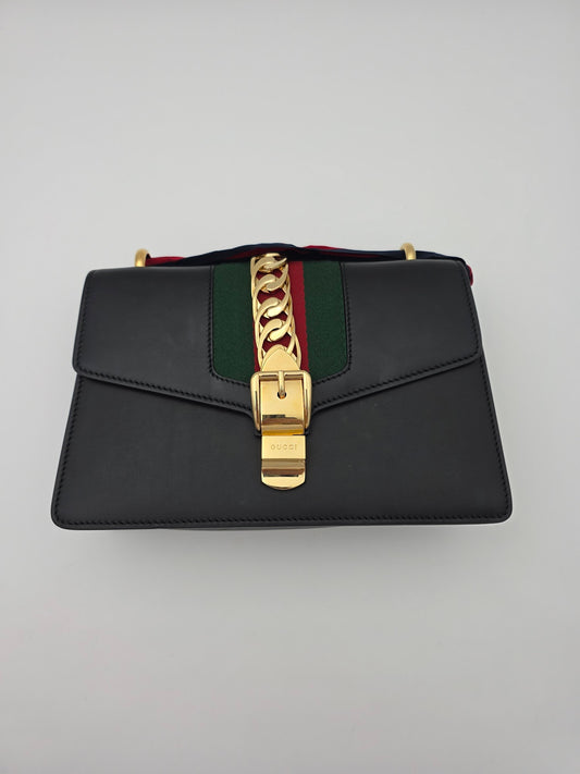 GUCCI Smooth Calfskin Small Sylvie Shoulder Bag Black GHW