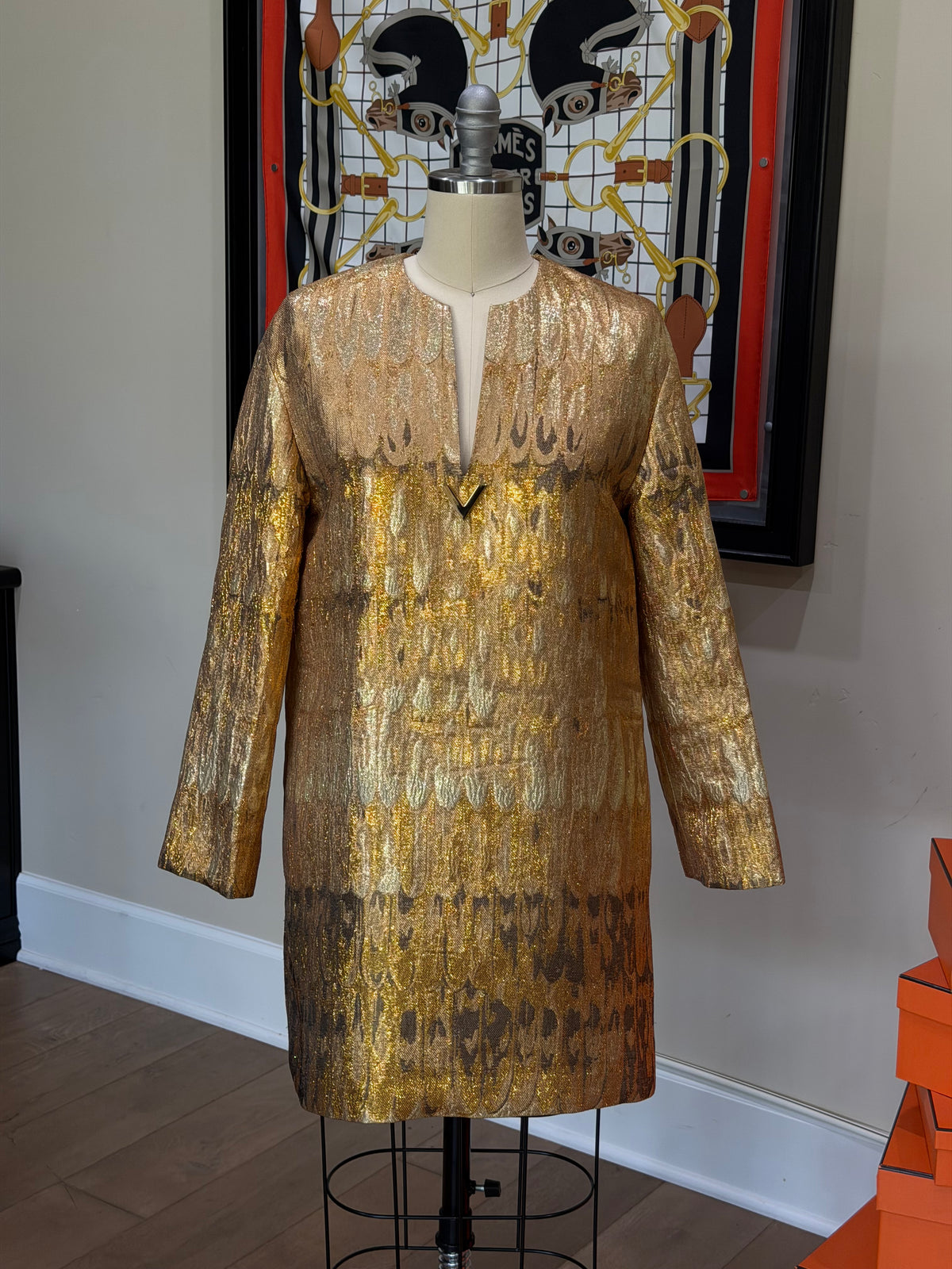 Valentino Gold Embroidered V Dress