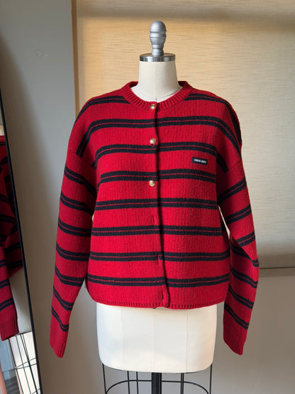 Miu Miu FW24 Red & Black Striped Gold-Button Cardigan