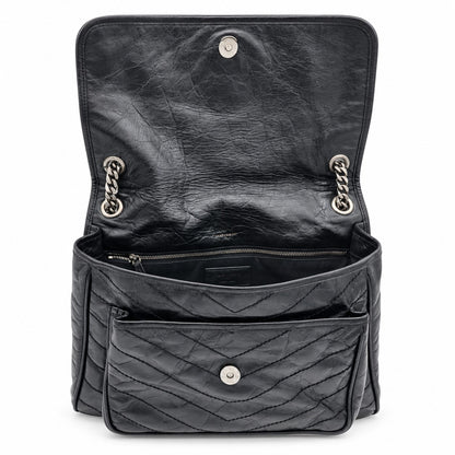 Saint Laurent Niki Crinkled Leather  Medium Shoulder Bag Black