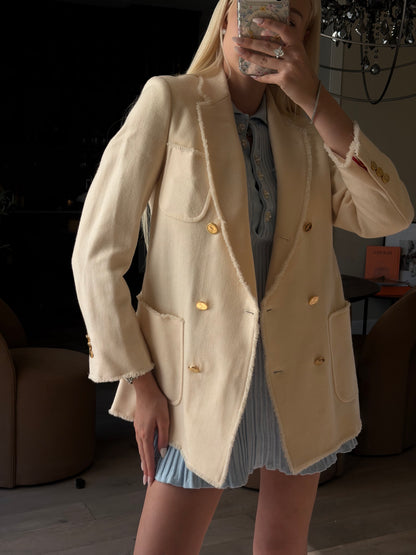 Thom Browne Beige Double-Breasted Gold-Button Wool Blazer