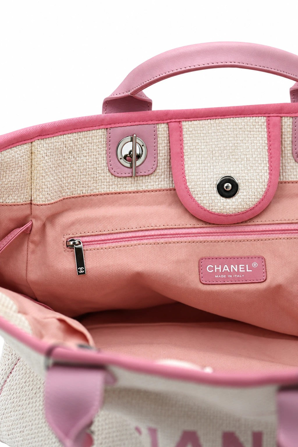 Chanel Canvas Deauville Tote Beige Pink SHW