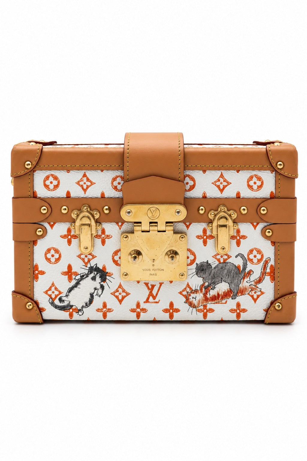 Louis Vuitton Monogram Canvas Kabuki Petite Malle Trunk Bag White Orange GHW