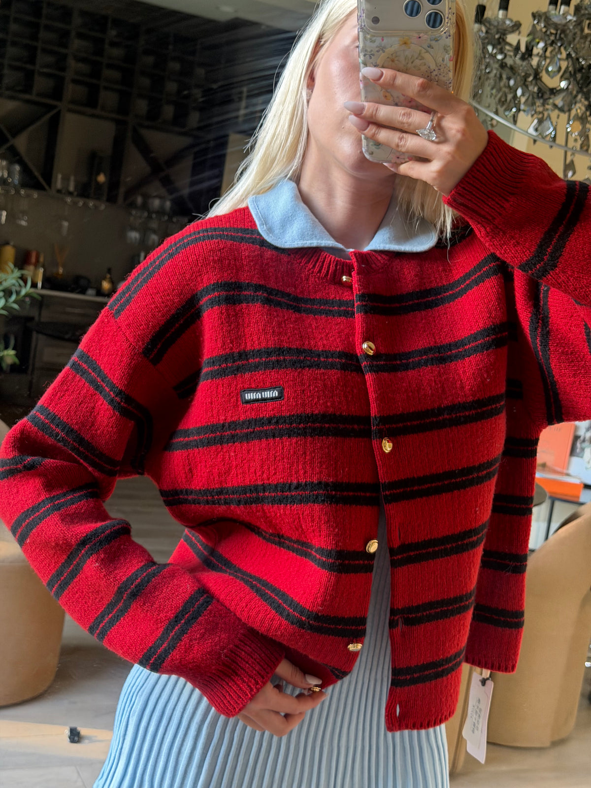 Miu Miu FW24 Red & Black Striped Gold-Button Cardigan