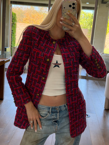 Saint Laurent Red Embellished Tweed Jacket