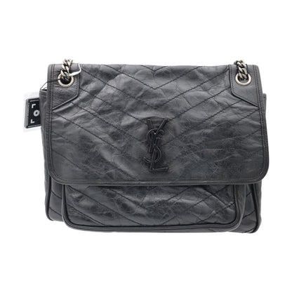 Saint Laurent Niki Crinkled Leather  Medium Shoulder Bag Black
