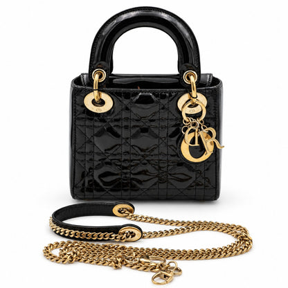 Dior Cannage Patent Leather Mini Lady Dior Bag Black GHW