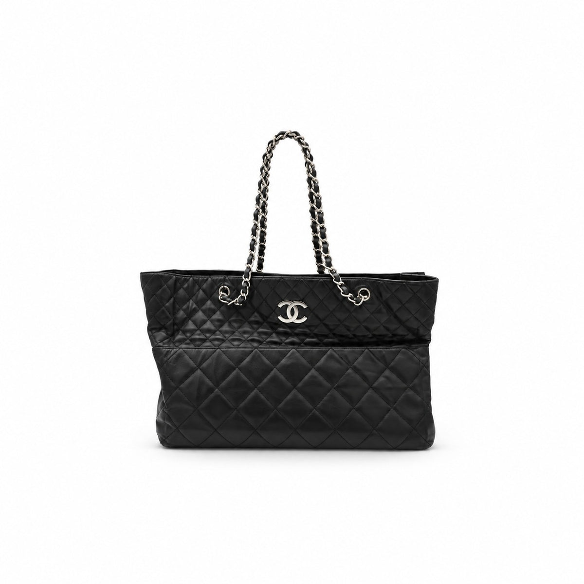 Chanel Quilted Lambskin Chain Shoulder Tote Black SHW