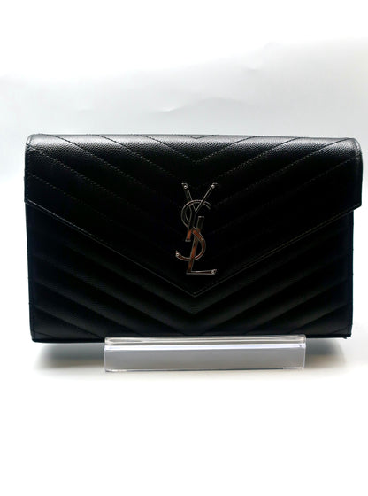 Saint Laurent  Grain De Poudre Matelasse Chevron Monogram Chain Wallet Black