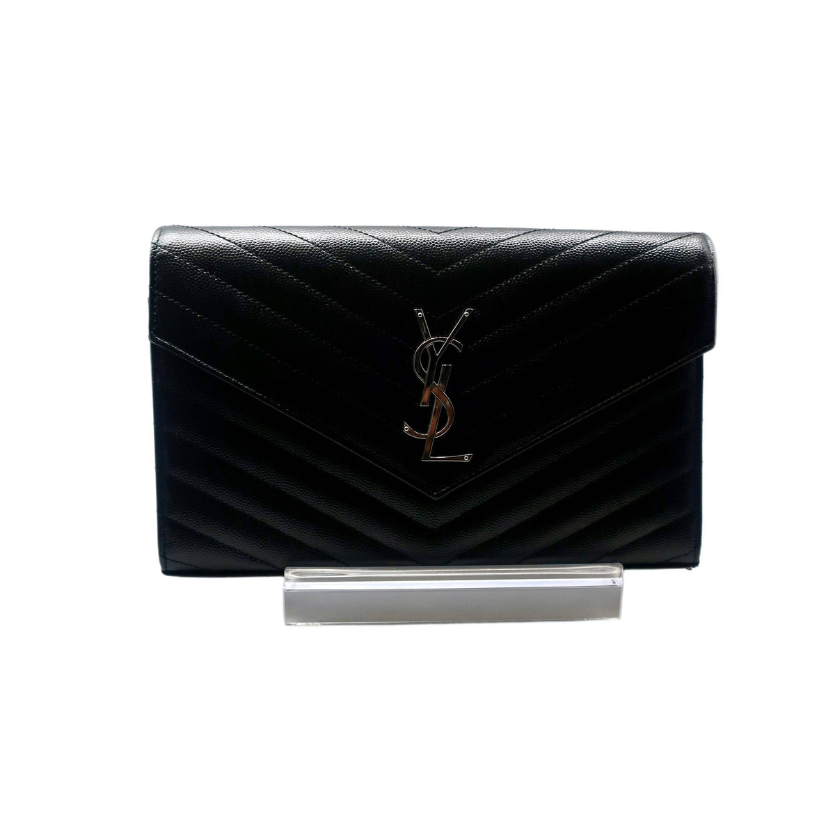 Saint Laurent  Grain De Poudre Matelasse Chevron Monogram Chain Wallet Black