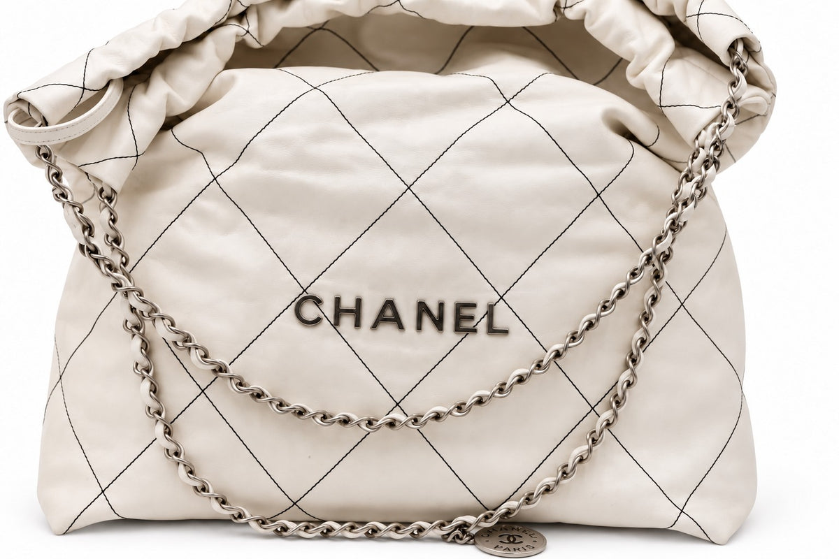 Chanel Quilted Fabric Logo Drawstring Chain Tote White
