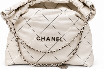 Chanel Quilted Fabric Logo Drawstring Chain Tote White