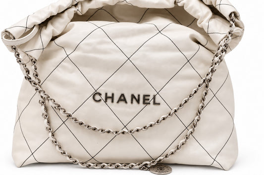 Chanel Quilted Fabric Logo Drawstring Chain Large Tote White
