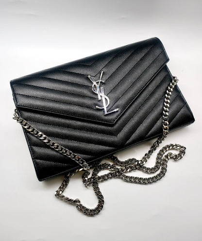 Saint Laurent  Grain De Poudre Matelasse Chevron Monogram Chain Wallet Black