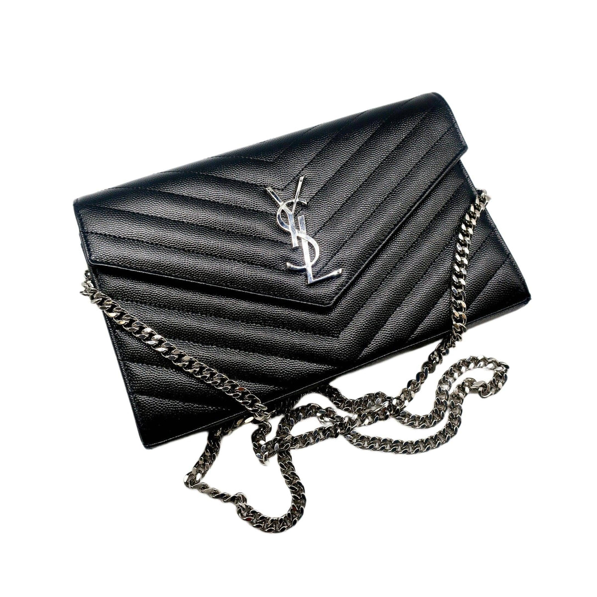 Saint Laurent  Grain De Poudre Matelasse Chevron Monogram Chain Wallet Black
