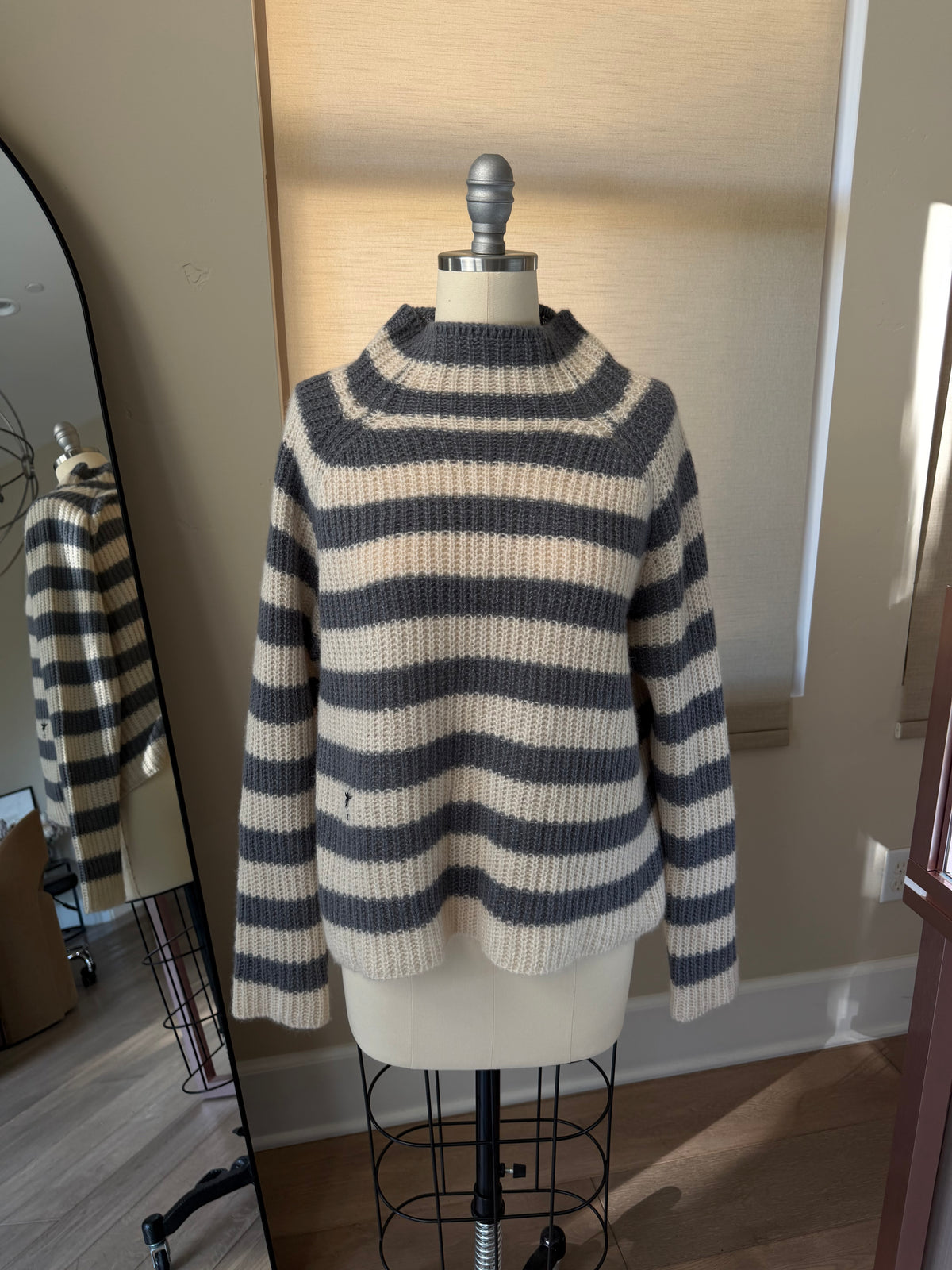 Dior Beige-Gray Striped Bee Embroidered Turtleneck Sweater