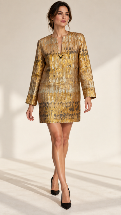 Valentino Gold Embroidered V Dress