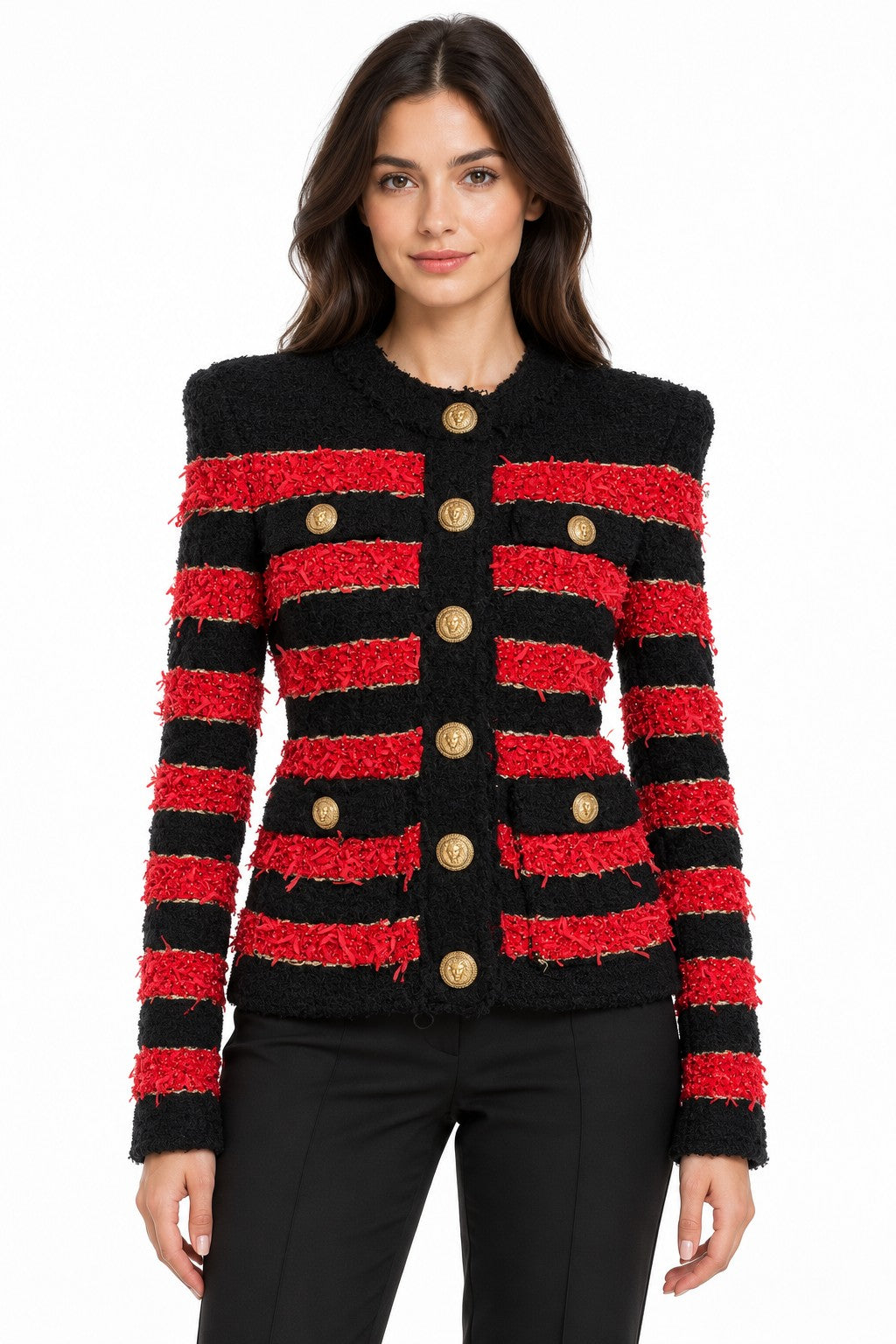 Balmain Red & Black Embellished Knit Jacket