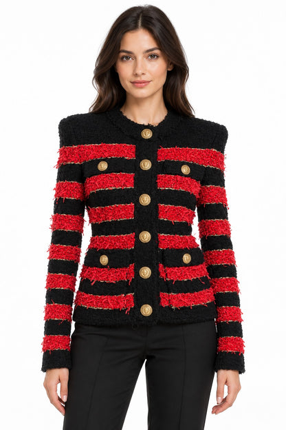 Balmain Red & Black Embellished Knit Jacket